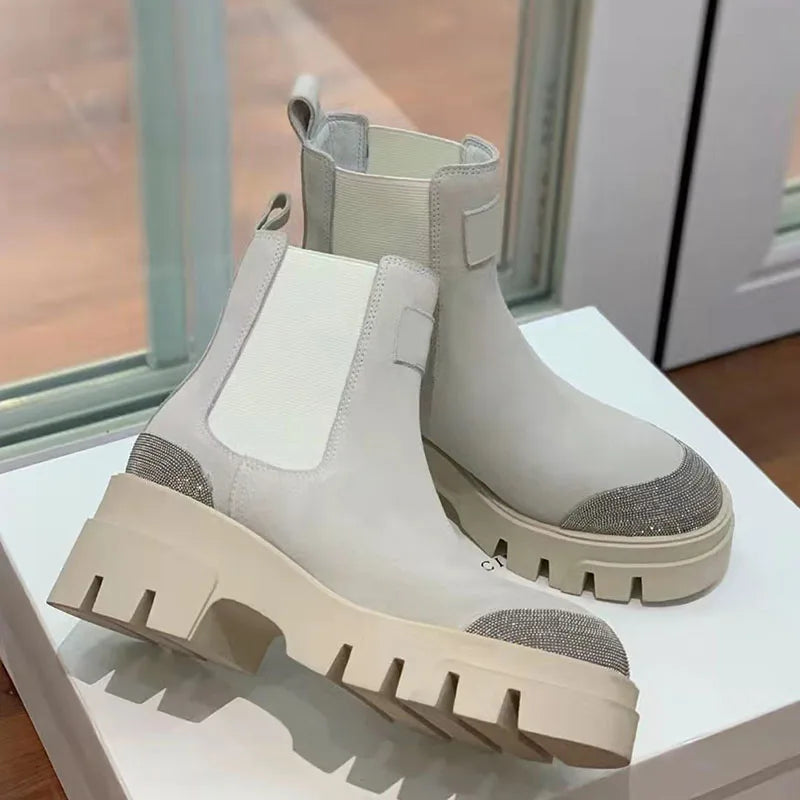 Thick Sole Suede Chelsea Boots With Round Toe For Women