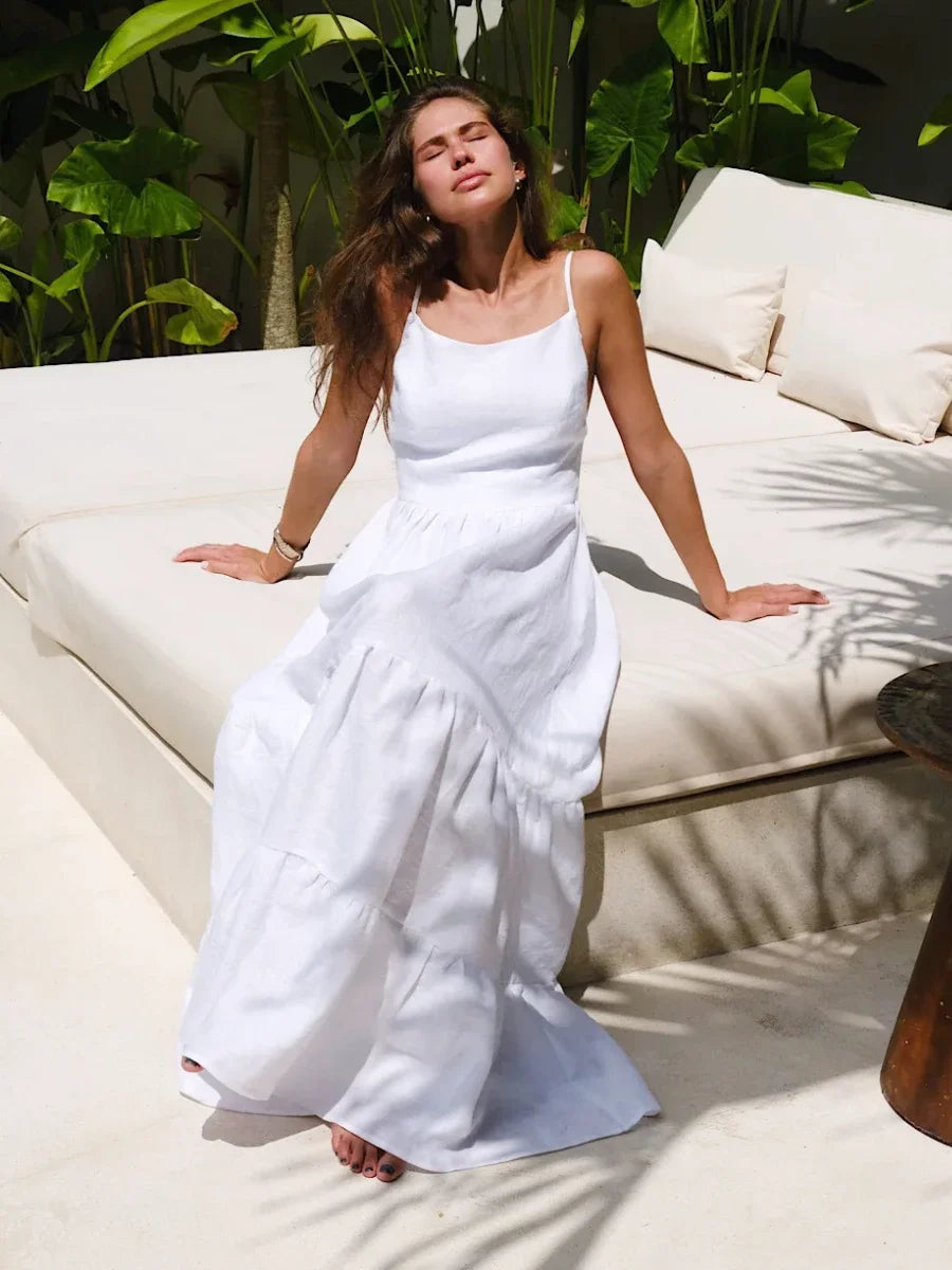 Loose Backless A Line Cotton Beach Maxi Dress for Women