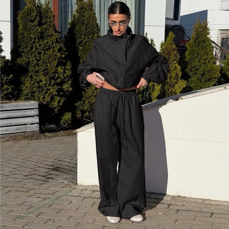 Ruffle Hem Jacket and Jogger Pants Two Piece Set for Women