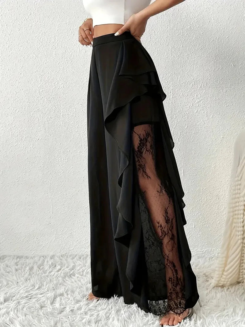 High Waisted Mesh Patchwork Wide Leg Pants for Women
