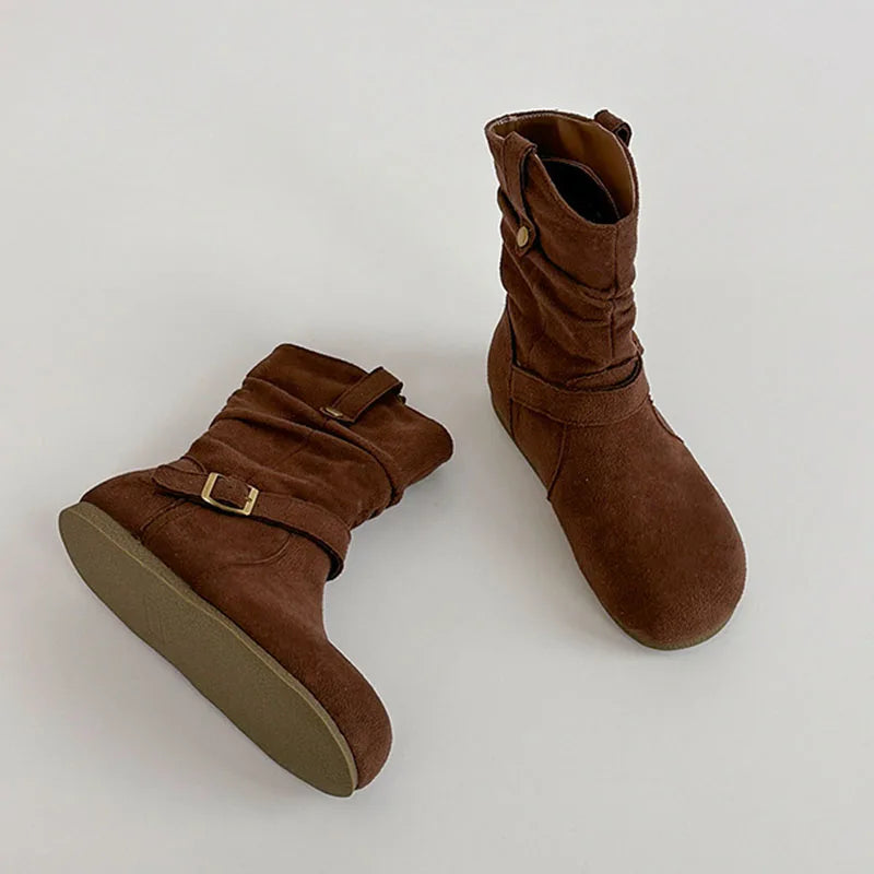 Retro Suede Buckle Slip On Western Ankle Boots for Women