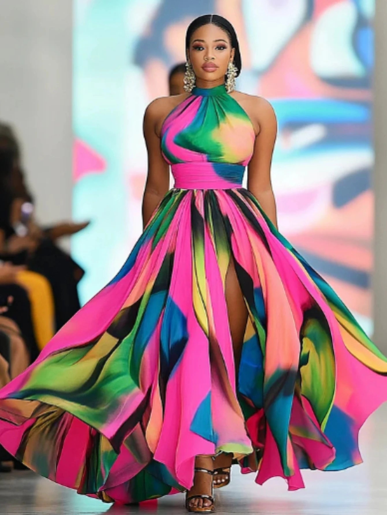 Women Halter Neck Printed Maxi Dress With High Front Slit For Runway Show Formal Evening Prom And Vacation Occasion