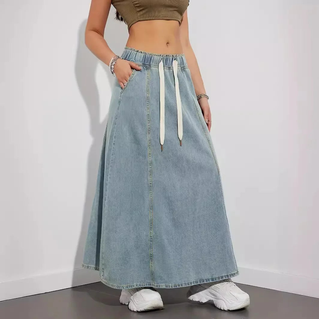Elastic Waist Lace Up Loose Casual Denim Maxi Skirt for Women