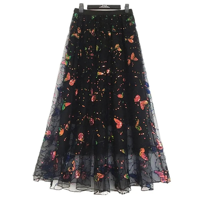 Pink Tulle High Waist Iridescent Sequin Butterfly Embroidery Skirt for Women