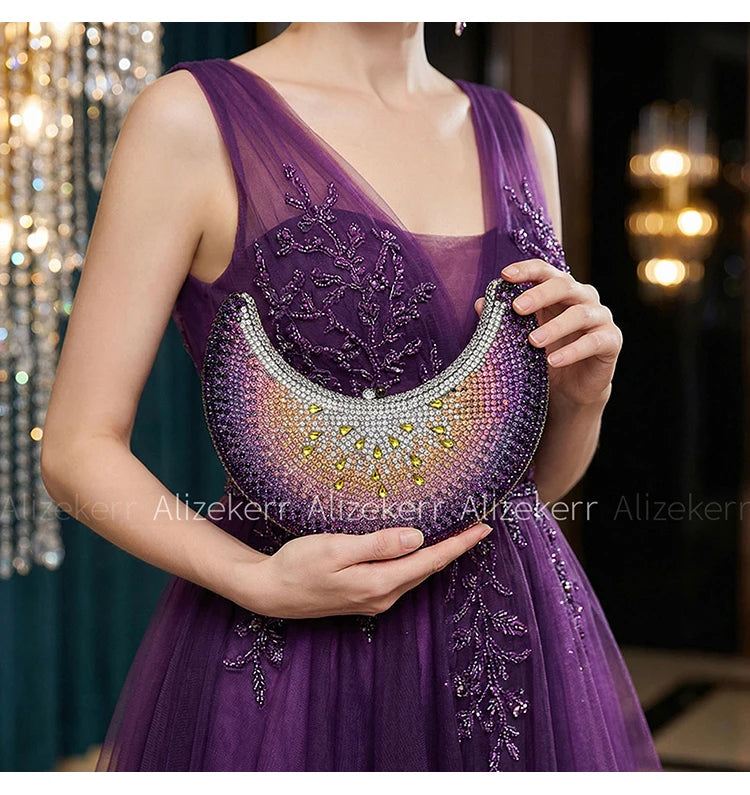 Moon Shaped Diamond Evening Bag with Watermelon Rhinestones for Women