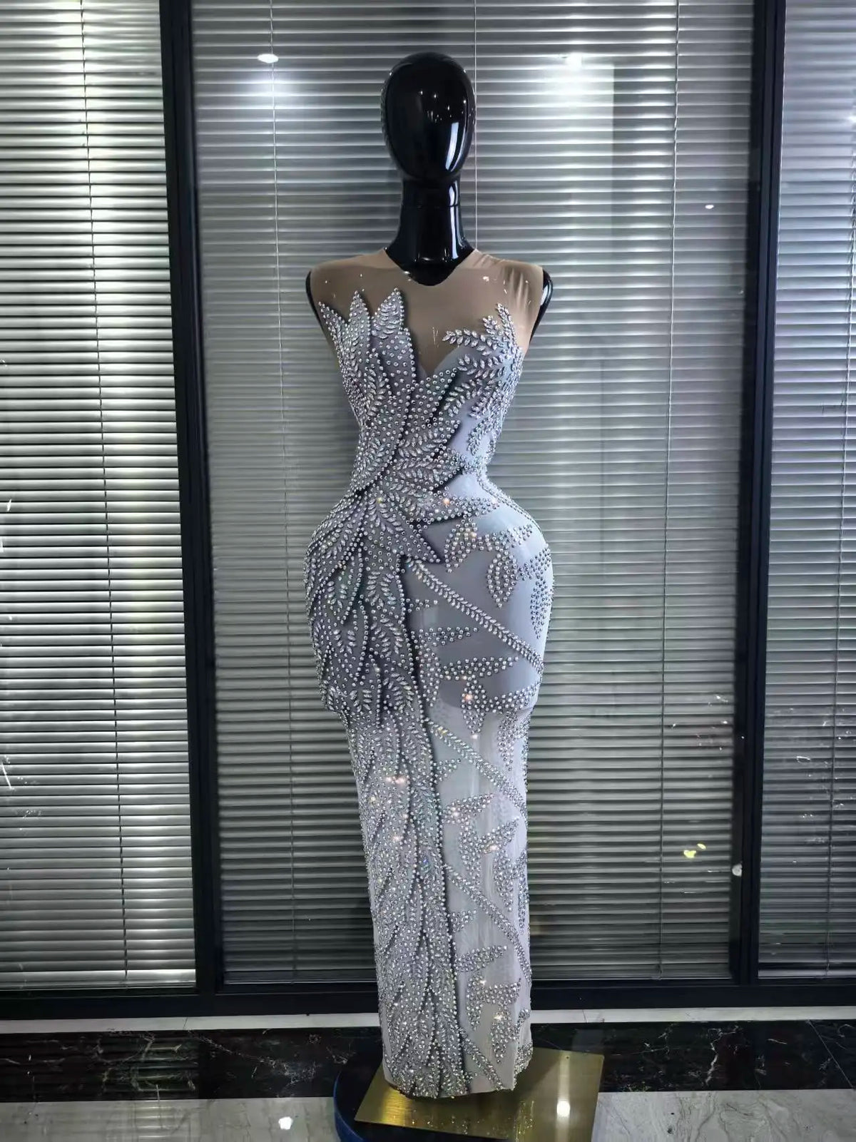 Sexy Mesh See Through Evening Prom Birthday Photo Shoot Singer Stage Outfit Luxury Rhinestone Sleeveless Silver Long Dress