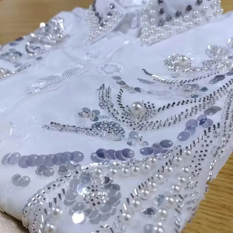 Elegant Embroidered Pearl Sequin Lantern Sleeve Blouse for Women