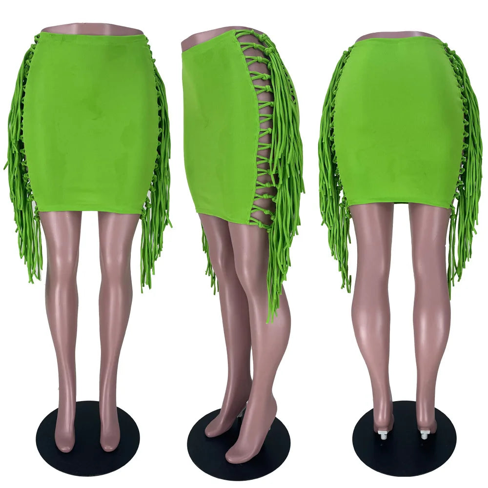 FAGADOER Sexy Tassel Bodycon Mini Skirts Party Club Outfits Women Fashion Chic Streetwear Short Birthday Holidays Skirt Solid