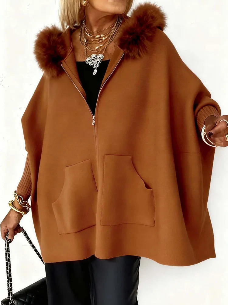 Elegant Fluffy Splicing Solid Loose Sweater Coat Autumn Winter Women Casual Knit Jacket Fashion Zip Long Sleeve Hooded Outercoat