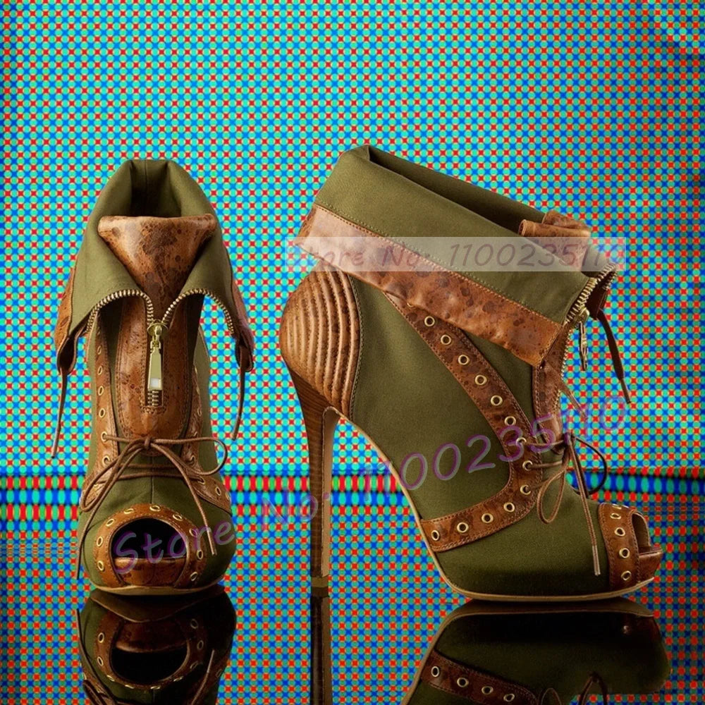Army Green Denim Patchwork Cross Strap Sandals for Women