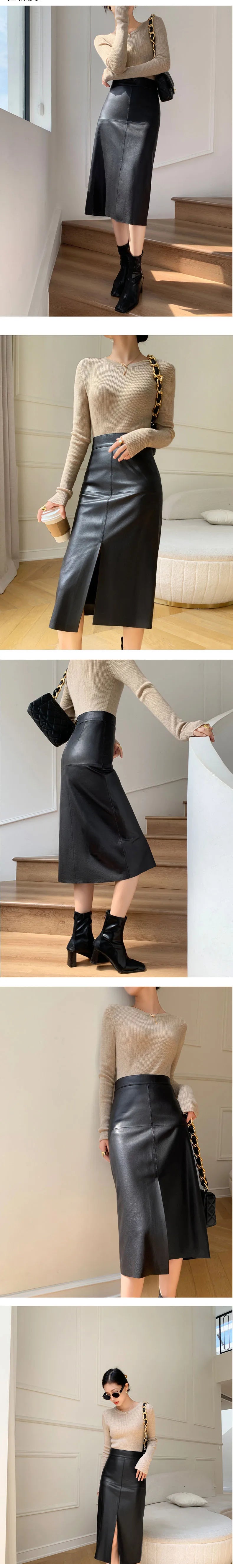 Long Skirts Women High Waist 2025 New Office Ladies Genuine Leather Skirt A-Line