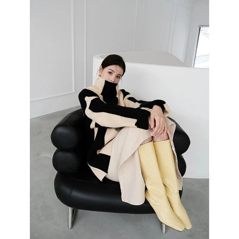 Relaxed Fit Striped Turtleneck Knit Sweater for Women