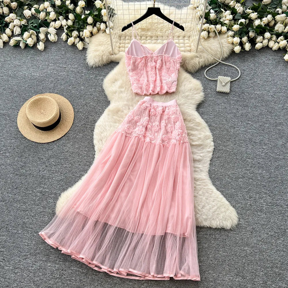 3D Floral Lace Camisole and Pleated Skirt Set for Women