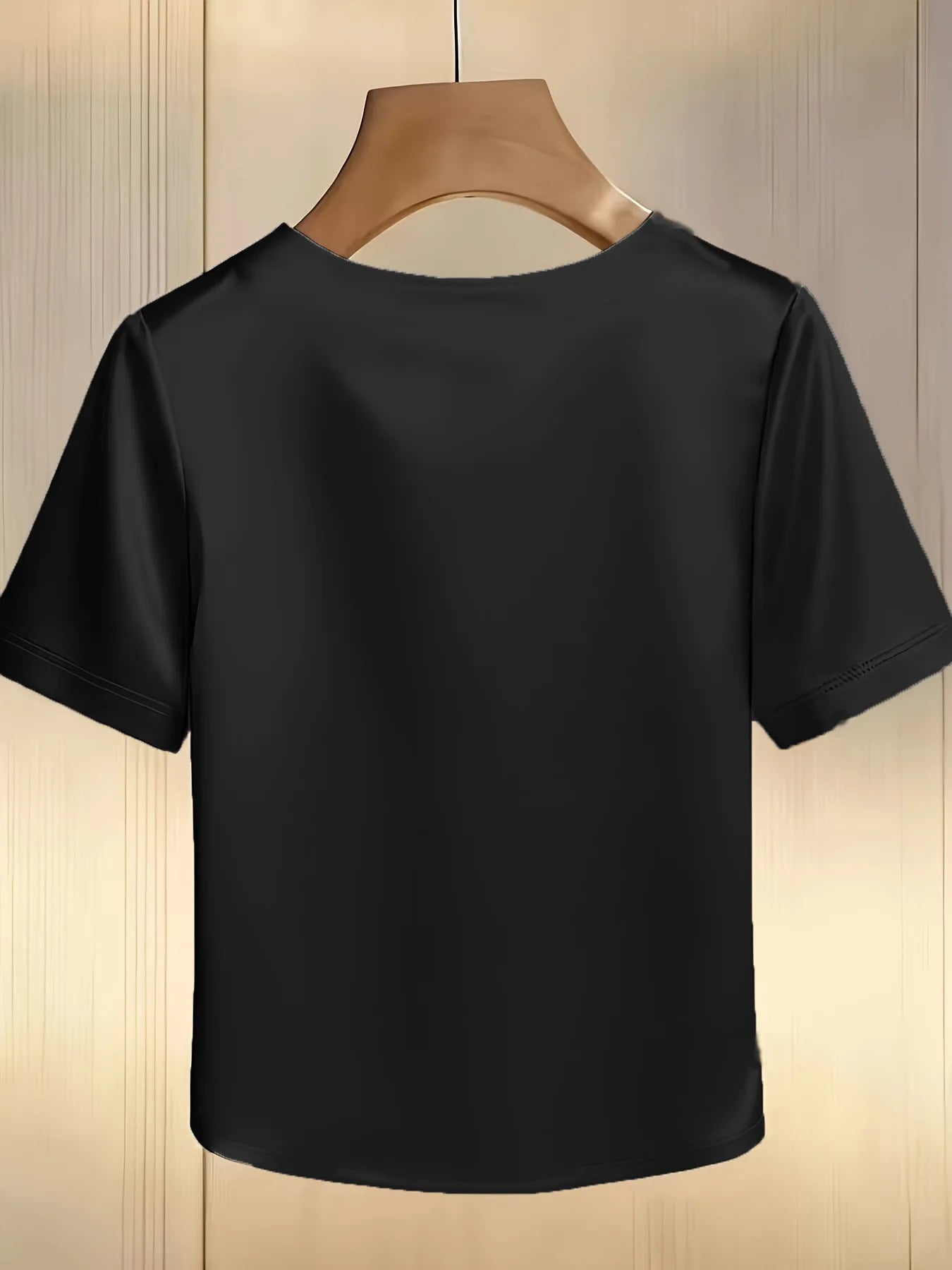 Satin Round Neck Pearl Beaded Decor Short Sleeve Top for Women