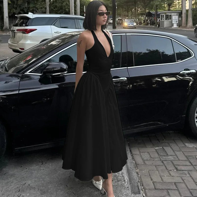 Elegant Halter V Neck Backless Maxi Dress For Women