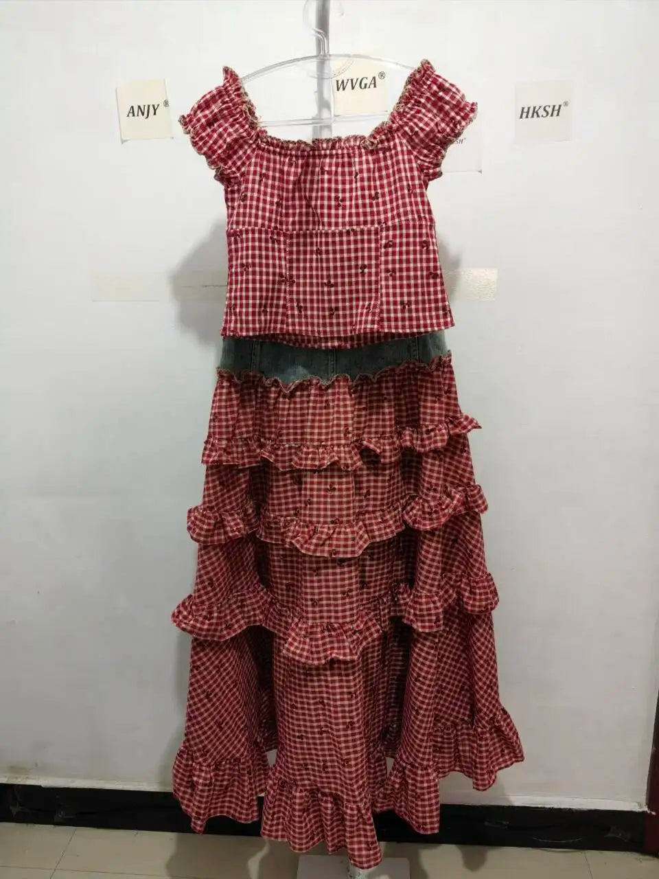 ANJY Spring Summer New Women Fashion Vintage Plaid Patchwork Denim Multi-layered Skirt Sweet Drawstring Short Sleeve Tops A24530