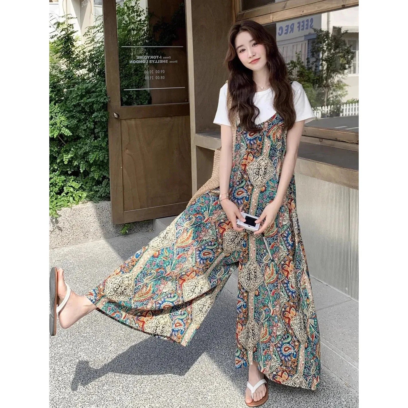 Vintage Bohemian Printed Wide Leg Casual Jumpsuit For Women