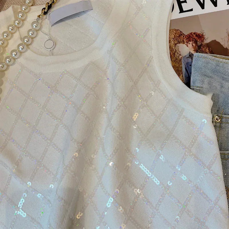 French round neck sequined halter top vest women's summer new fashion temperament white short joker casual sleeveless top.