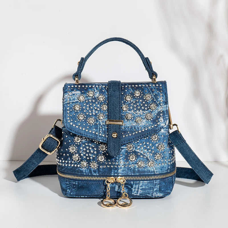 Diamond Embellished Denim Multiway Backpack for Women