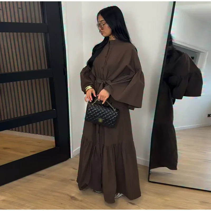 Casual Belted Long Lantern Sleeve Button Dress for Women
