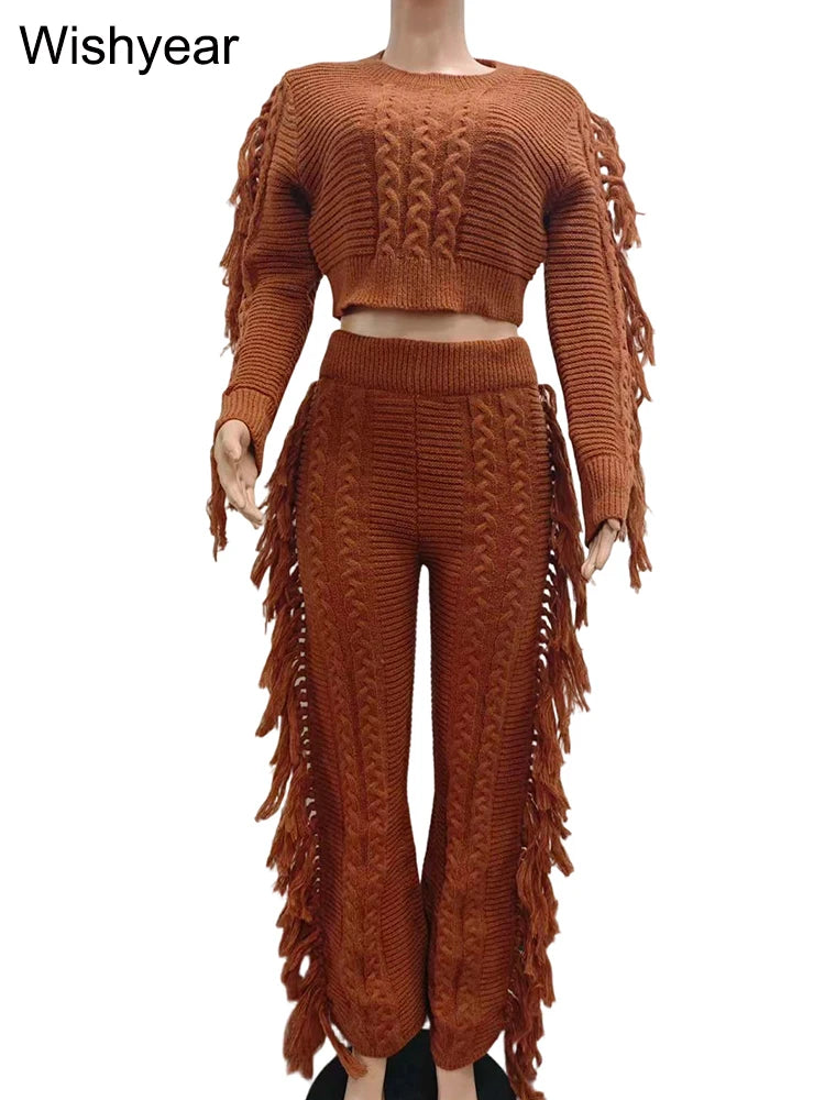 Casual Winter Warm Knitted Sweater Tassel 2 Piece Set  Women Long Sleeve Crop Top and Pants Streetwear outdoors vacation Outfits