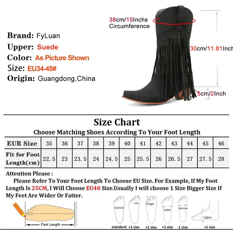 Retro Western Style Mid Calf Boots With Block Heel Tassels For Women