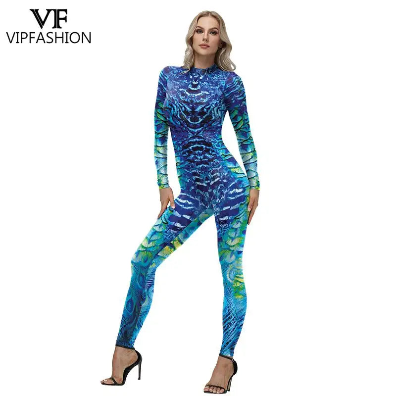 Peacock Feather Print Long Sleeve Elastic Jumpsuit for Women