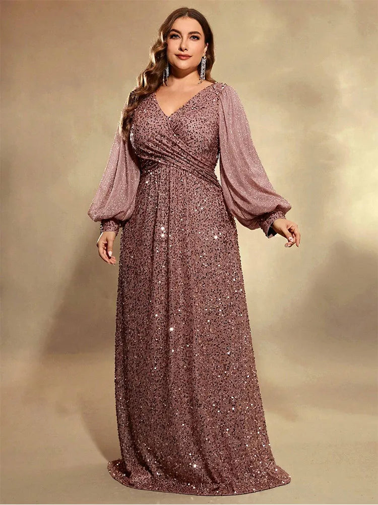 Plus Size V Neck Sequin Evening Dress