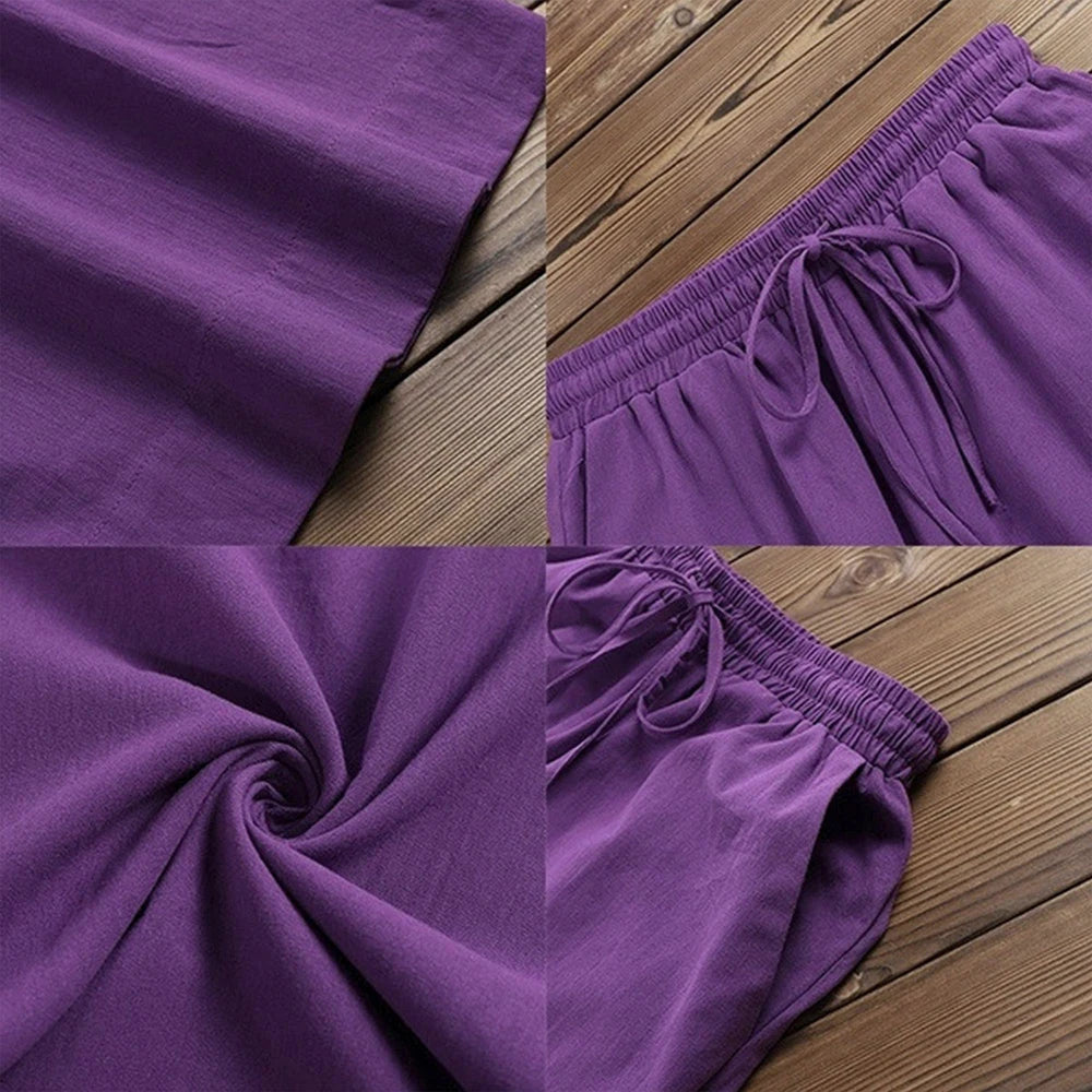 Womens Solid Cotton Linen Baggy Elasticated Waist Wide Leg Chino Pants Summer Ladies Loose Casual Full Length Trouser Size S-3XL
