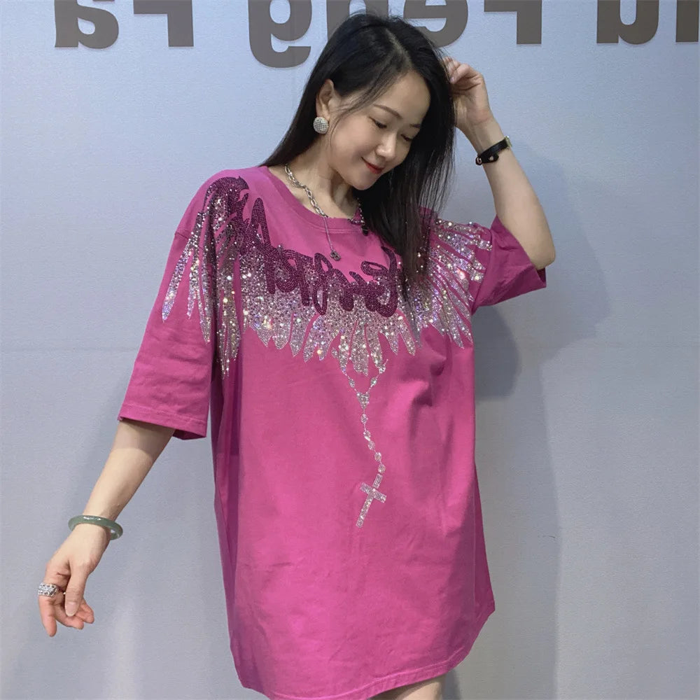 Streetwear New Spring Summer Women Short Sleeve T-shirt Hot Diamonds Wings Mid-long Oversize Pullover Trendy Couple Cotton Tees