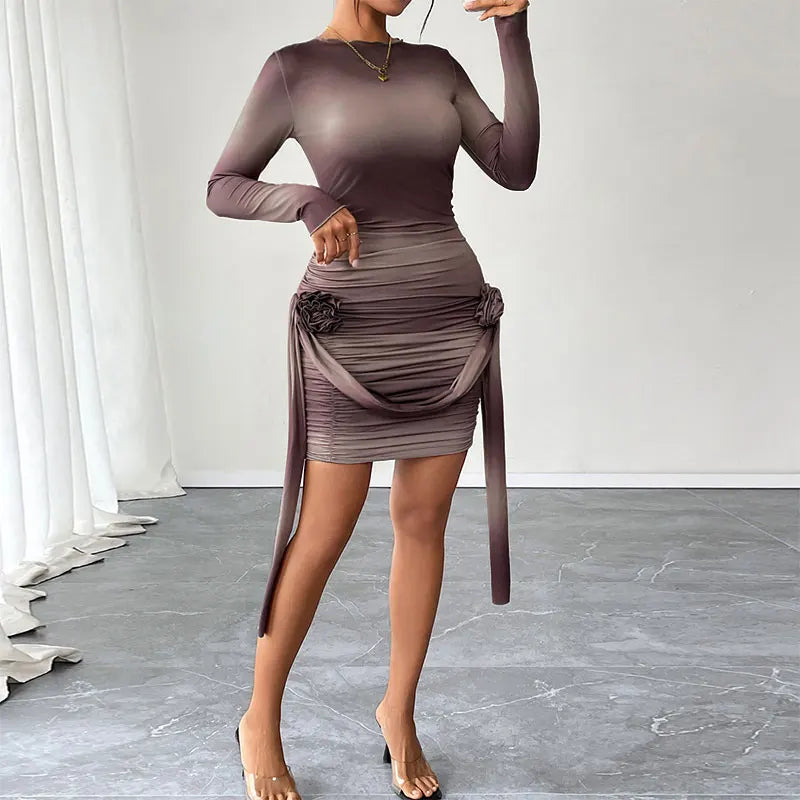 Spring Women Mini Dresses Fashion New Streetwear Tie Flowers Long Sleeves O-Neck Casual Slim Sexy Dress Club Party Lady Clothing