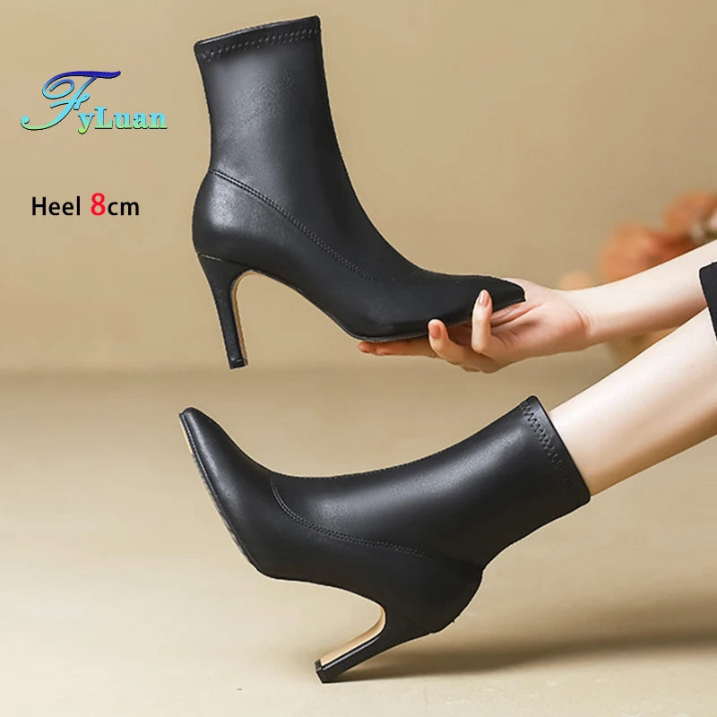 Pointed Leather High Heel Ankle Boots