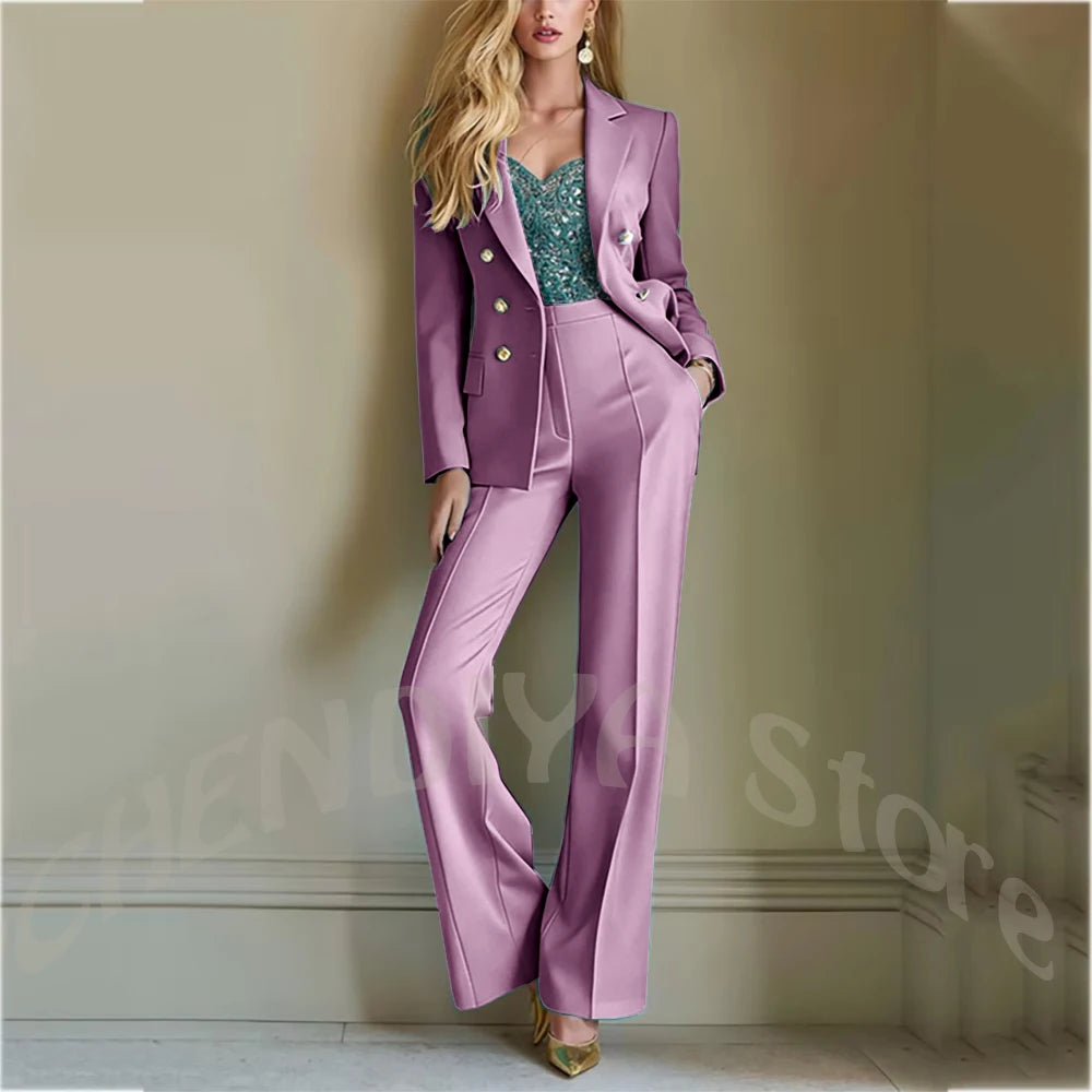 Solid Color Suit For Women High Quality Double Breasted Two Piece Notch Lapel Slim Fit Elegant Fashion Female Outfit Jacket Pant