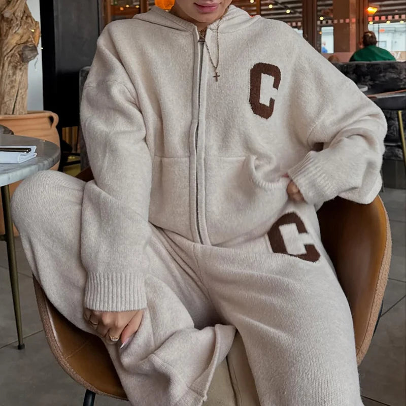 Letter Print Hooded Two Piece Set With Wide Leg Pants for Women