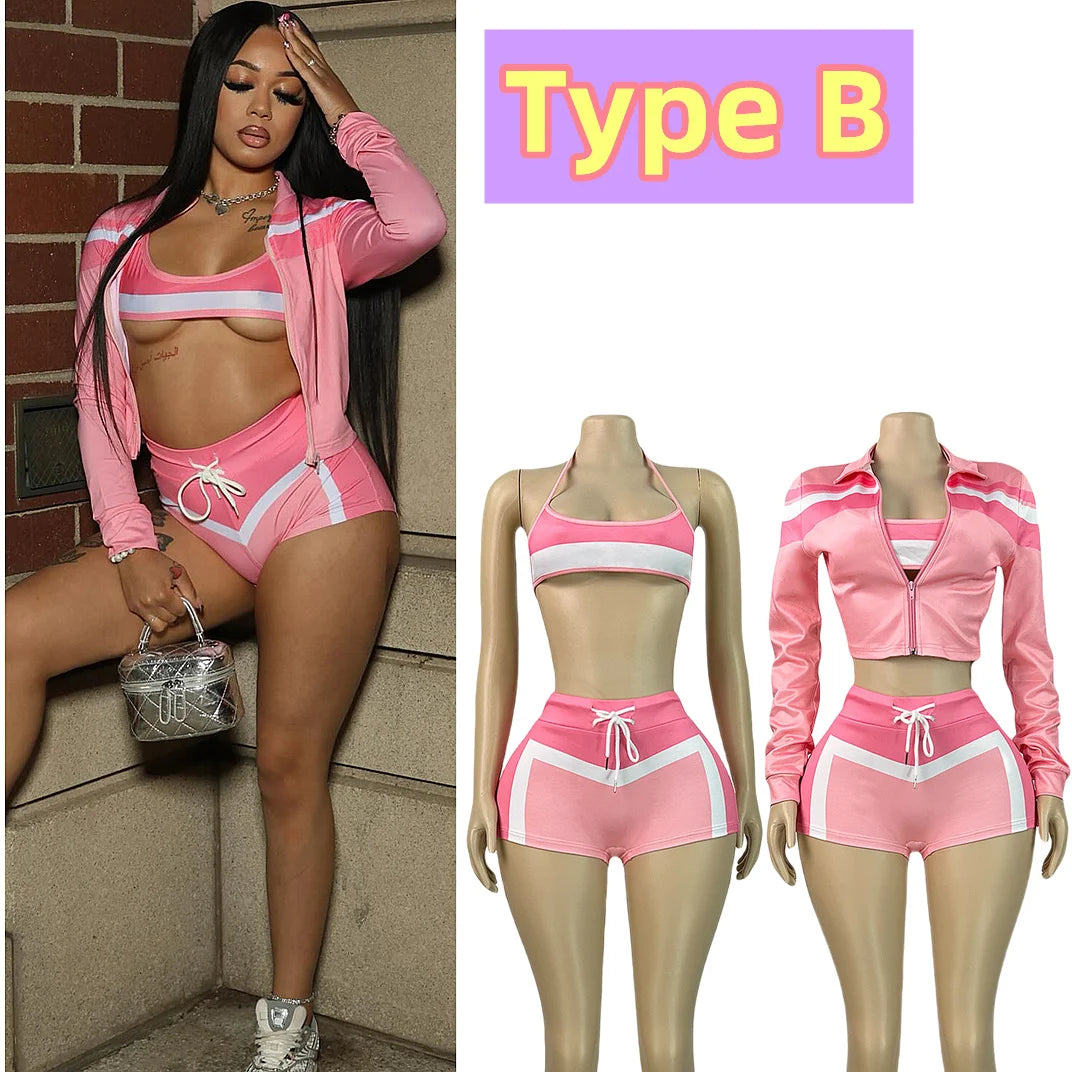FAGADOER Sexy Sport 3 Pieces Set for Woman Color Block Long Sleeves Jacket + Tanks Top and Shorts Matching Female Beach Swimsuit