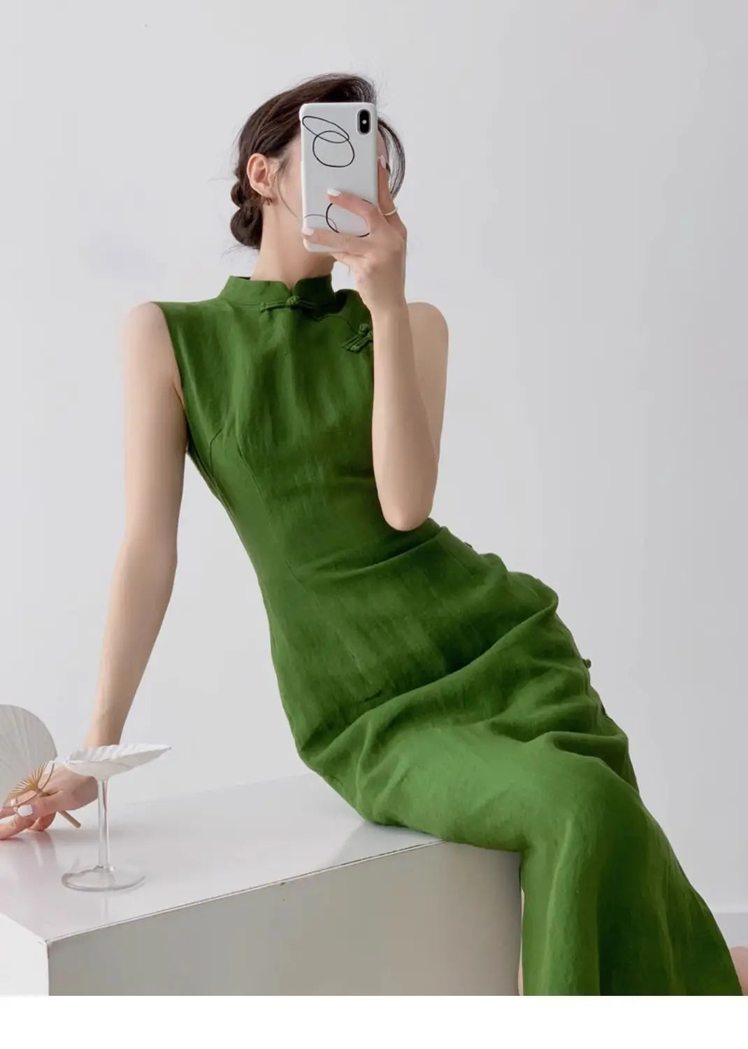 Moss Green Retro Chinese Style Cheongsam Dress for Women