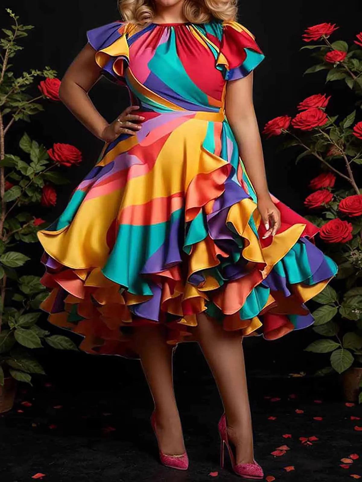 Plus Size Vintage Satin Colorblock Dress