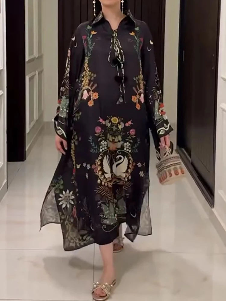 Retro Print Three Quarter Sleeve Midi Dress for Women