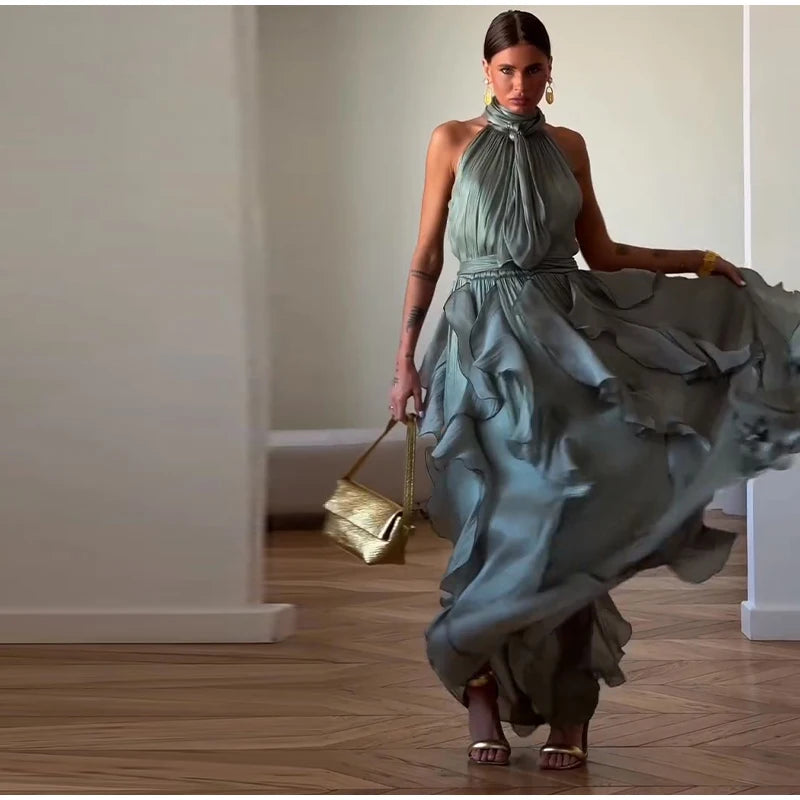 Cascading Ruffle Pleated Maxi Dress with Lace Up for Women
