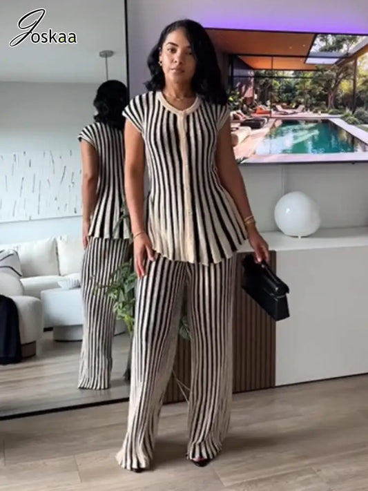 Joskaa 2025 Women's Striped Knit Two Piece Set Casual O-Neck Sleeveless Sweater Vest and Flared Pants Matched Vintage Streetwear