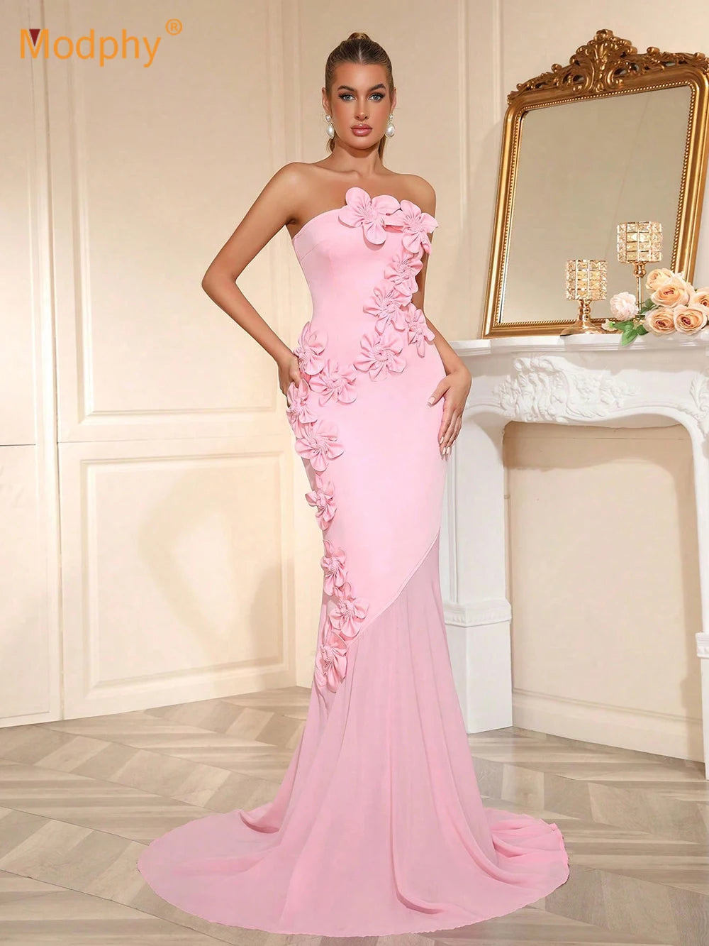 Modphy Pink Strapless Patchwork Appliques Slim Fit Mermaid Dress Women'S Off Shoulder Long Dress Elegant Evening Party Gowns