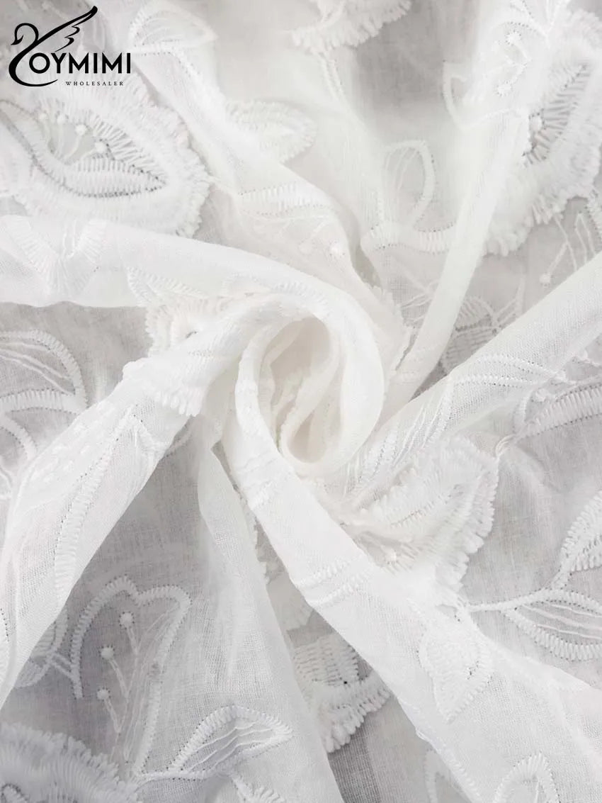 Oymimi Summer White Cotton 2 Piece Sets Women Outfit Casual Jacquard Button Wrist Sleeve Shirts And High Waist Shorts Female Set