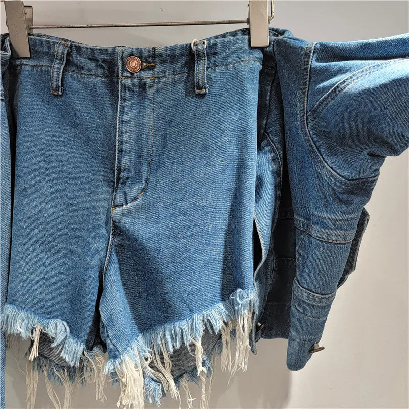 YEAE Fashion Women's Irregular Bandage Fake Two-piece Denim A-line Shorts Trendy 2025 Summer Wide Leg Hot Pants Female