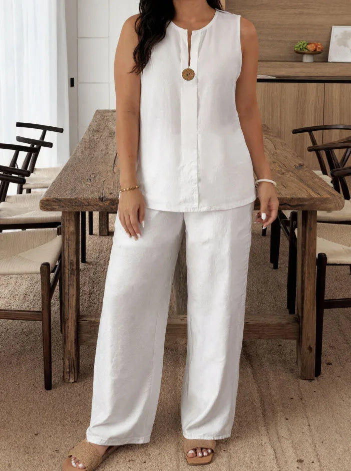 Vintage Button Tank Top and Elastic Waist Pants Set for Women