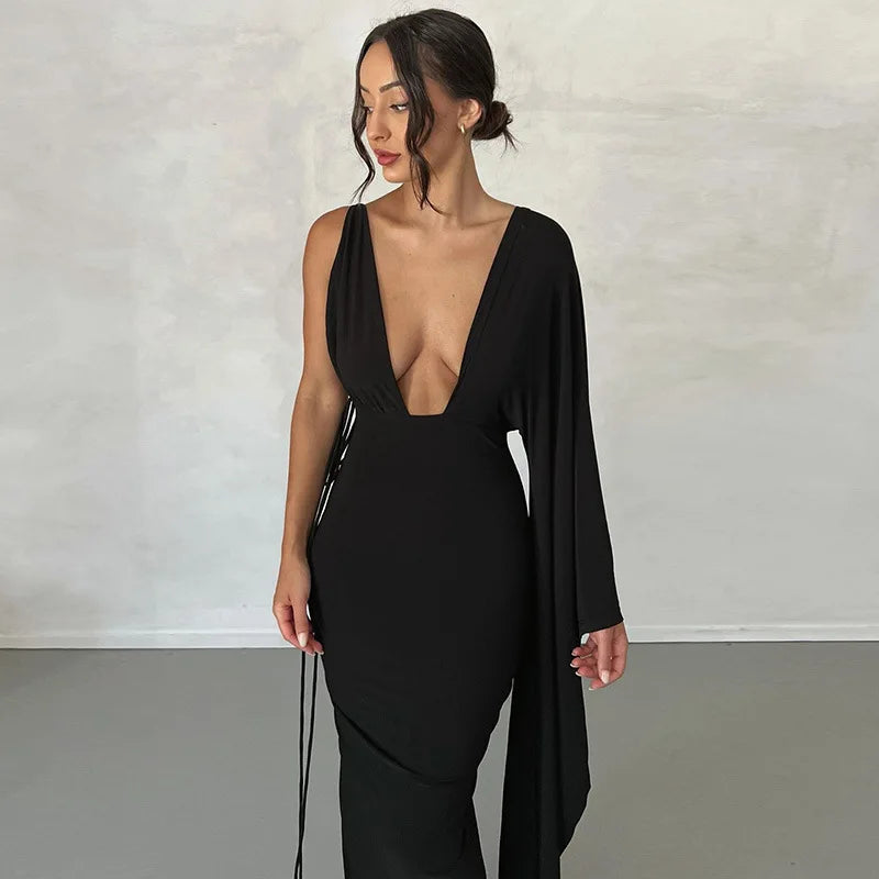 Cryptographic Fashion Draped Deep V Sexy Backless Maxi Dresses Party Club Women Elegant One Shoulder Gown Slip Dresses Ruched