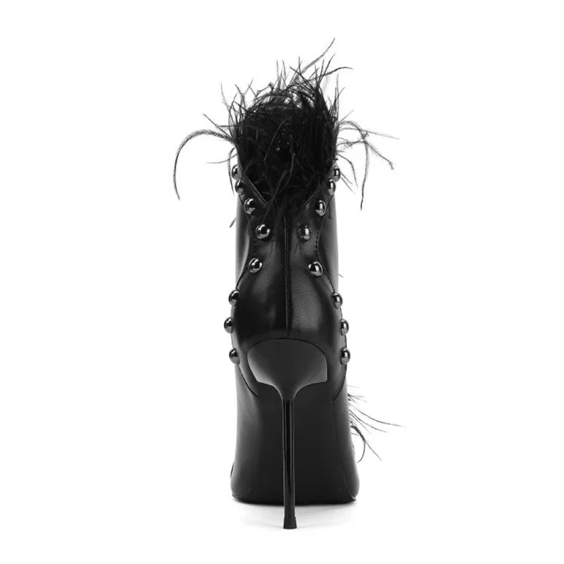 Feather Rivet Embellished Pointed Toe Ankle Boots for Women