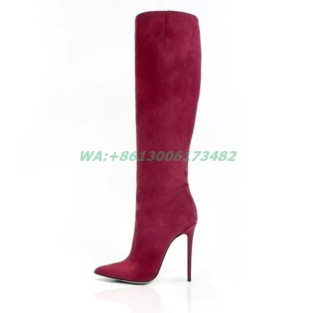 Sexy Lady Pointed Toe 12Cm High Heel Boots Women Knee High Pointy Stilettos Boots Plus Size Skinny Boots