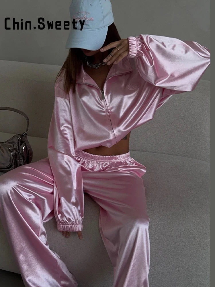 Loose Solid Satin Two Piece Pants Set With Zipper Jacket For Women
