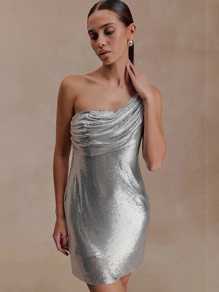 Shiny Ruched Off Shoulder Backless Mini Dress for Women