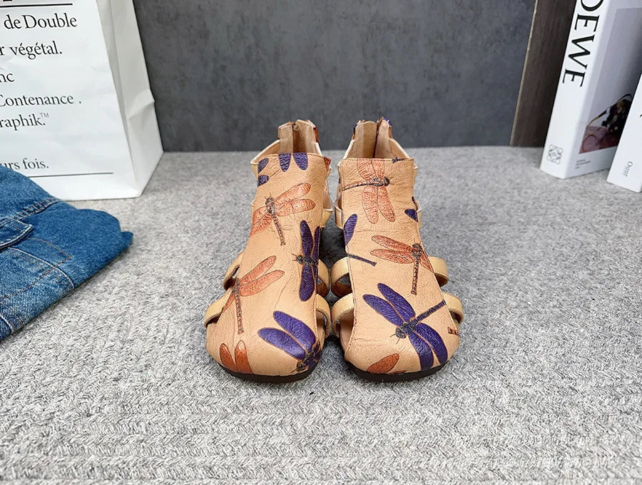 Flat Printed Genuine Leather Roman Sandals for Women